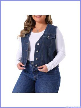 Plus Size Denim Vest Sleeveless V Neck Button Down Casual Jean Waistcoat